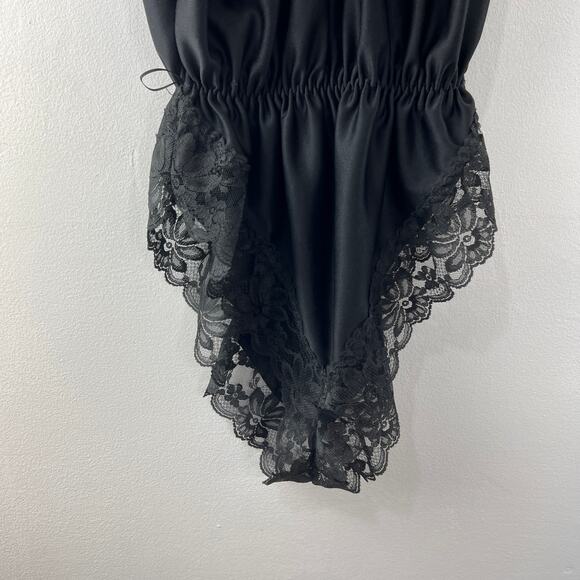 VTG Dolores For Poirette Black Sleep Bodysuit Lace Ruffle VNeck Pullover S Small - Picture 4 of 8